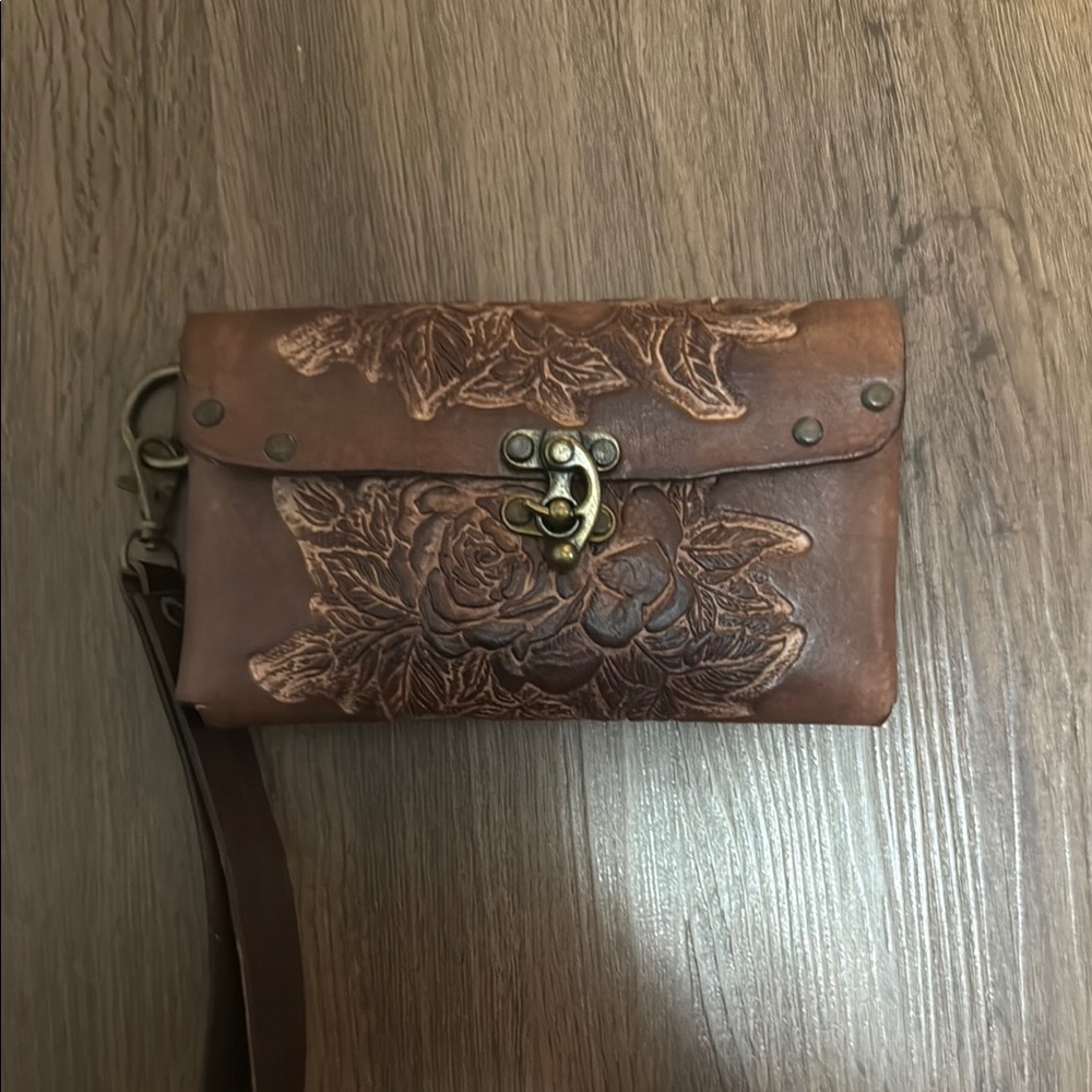Brown Embossed Leather Clutch